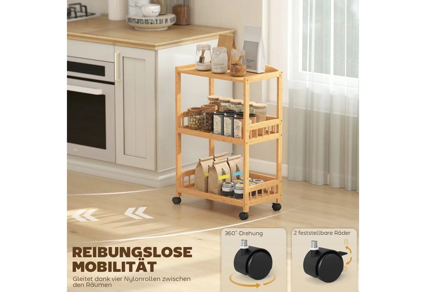 HOMCOM Küchenwagen Bambus 3 Ebenen mit Rollen Naturholz - Bild 5
