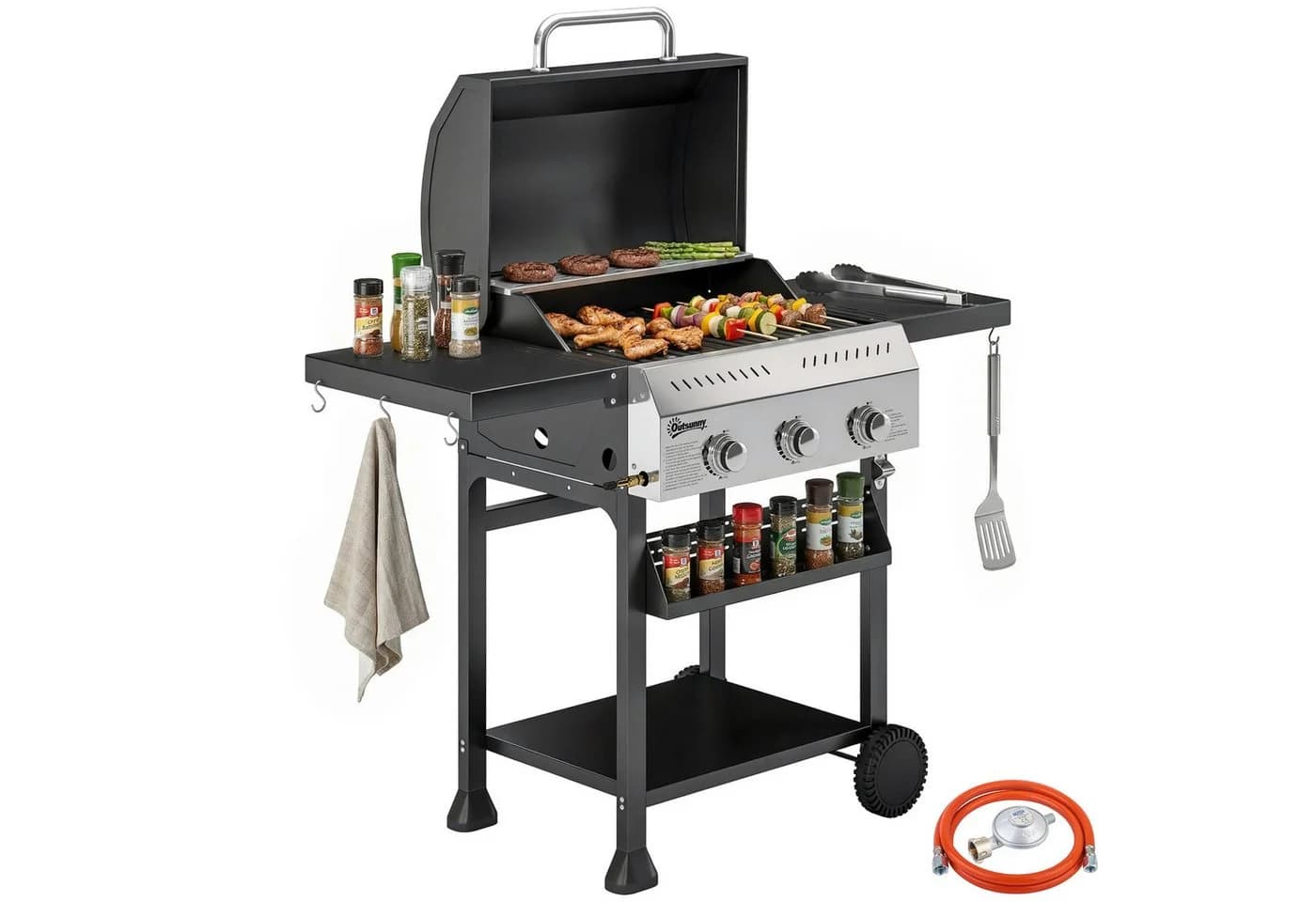 Outsunny Gasgrill mit klappbaren Seitentischen und Thermometer