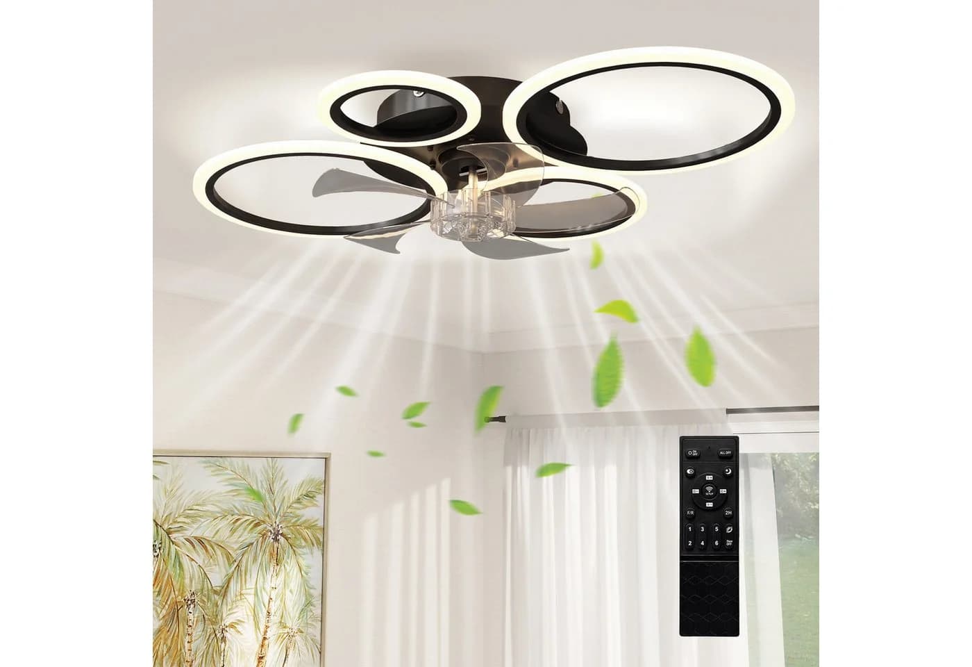 HOMCOM Deckenventilator mit LED-Beleuchtung, 4-Ring-Design, Schwarz