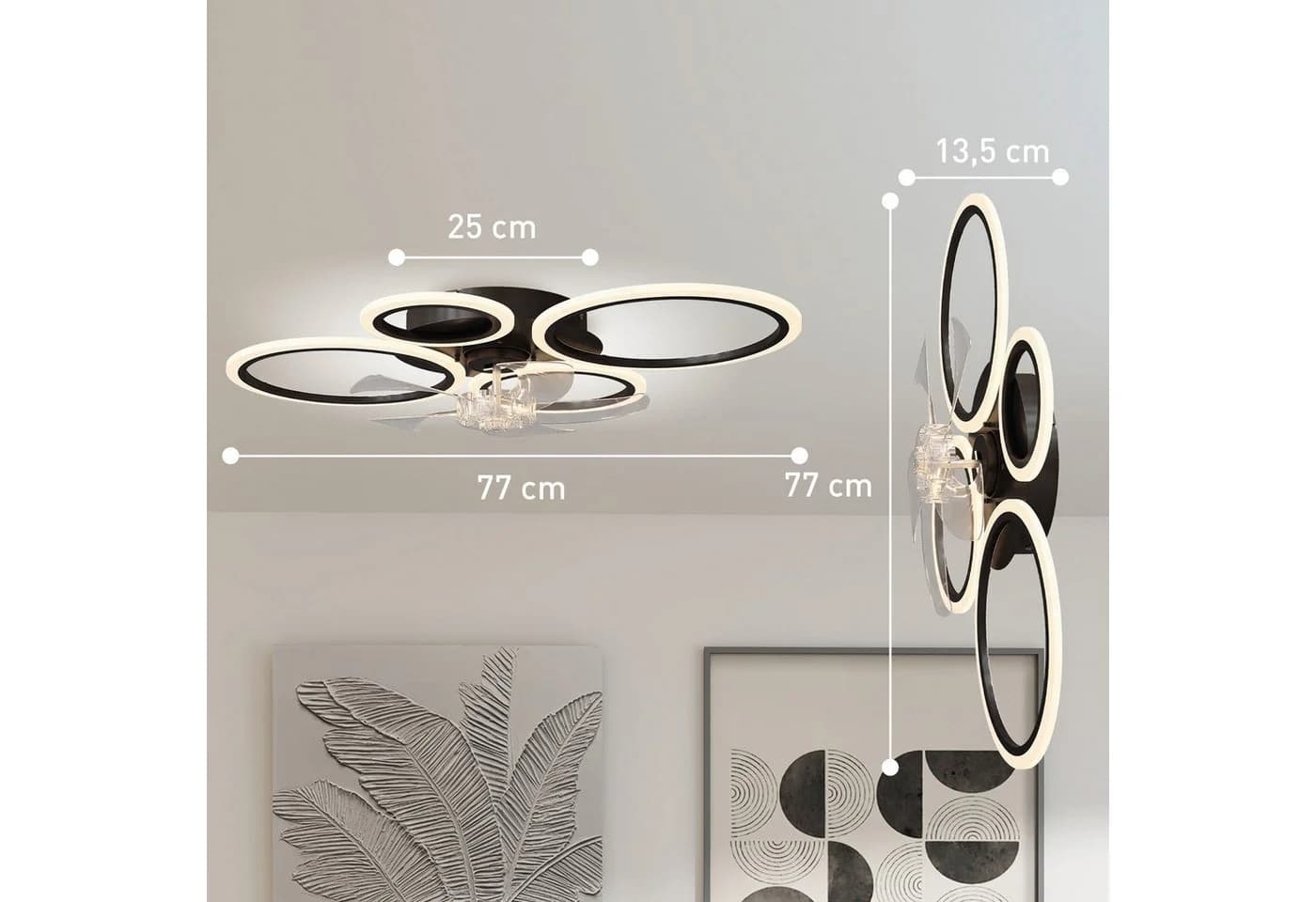 HOMCOM Deckenventilator mit LED-Beleuchtung, 4-Ring-Design, Schwarz - Bild 3