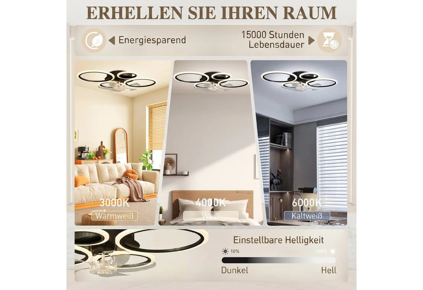 HOMCOM Deckenventilator mit LED-Beleuchtung, 4-Ring-Design, Schwarz - Bild 4
