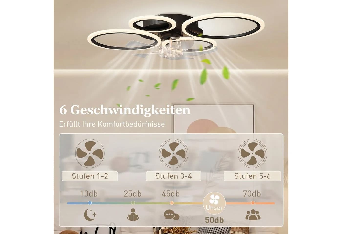 HOMCOM Deckenventilator mit LED-Beleuchtung, 4-Ring-Design, Schwarz - Bild 5