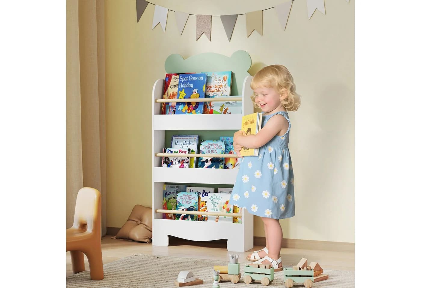 AIYAPLAY Kinderregal 3-stufig Bären-Design Grün/Weiß