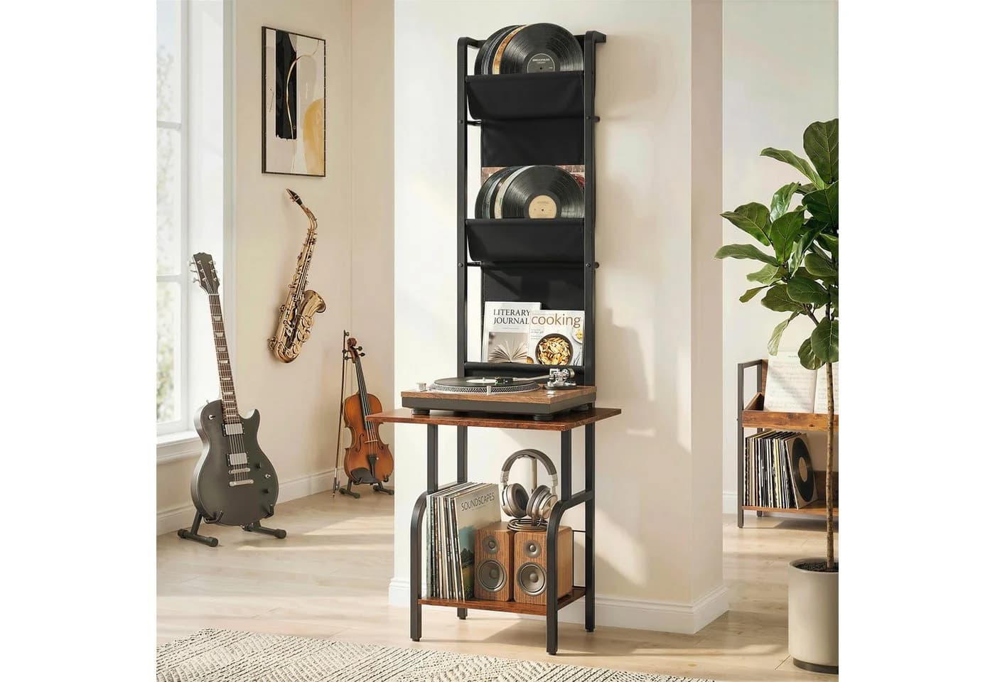 HOMCOM CD-Regal mit 3 Stofftaschen und Tischplatte, Industrial Design - Bild 2