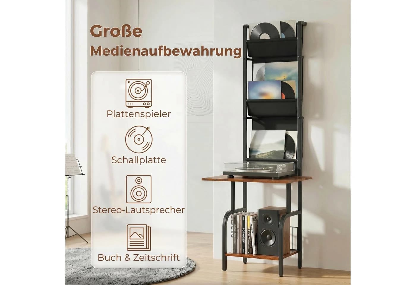 HOMCOM CD-Regal mit 3 Stofftaschen und Tischplatte, Industrial Design - Bild 4