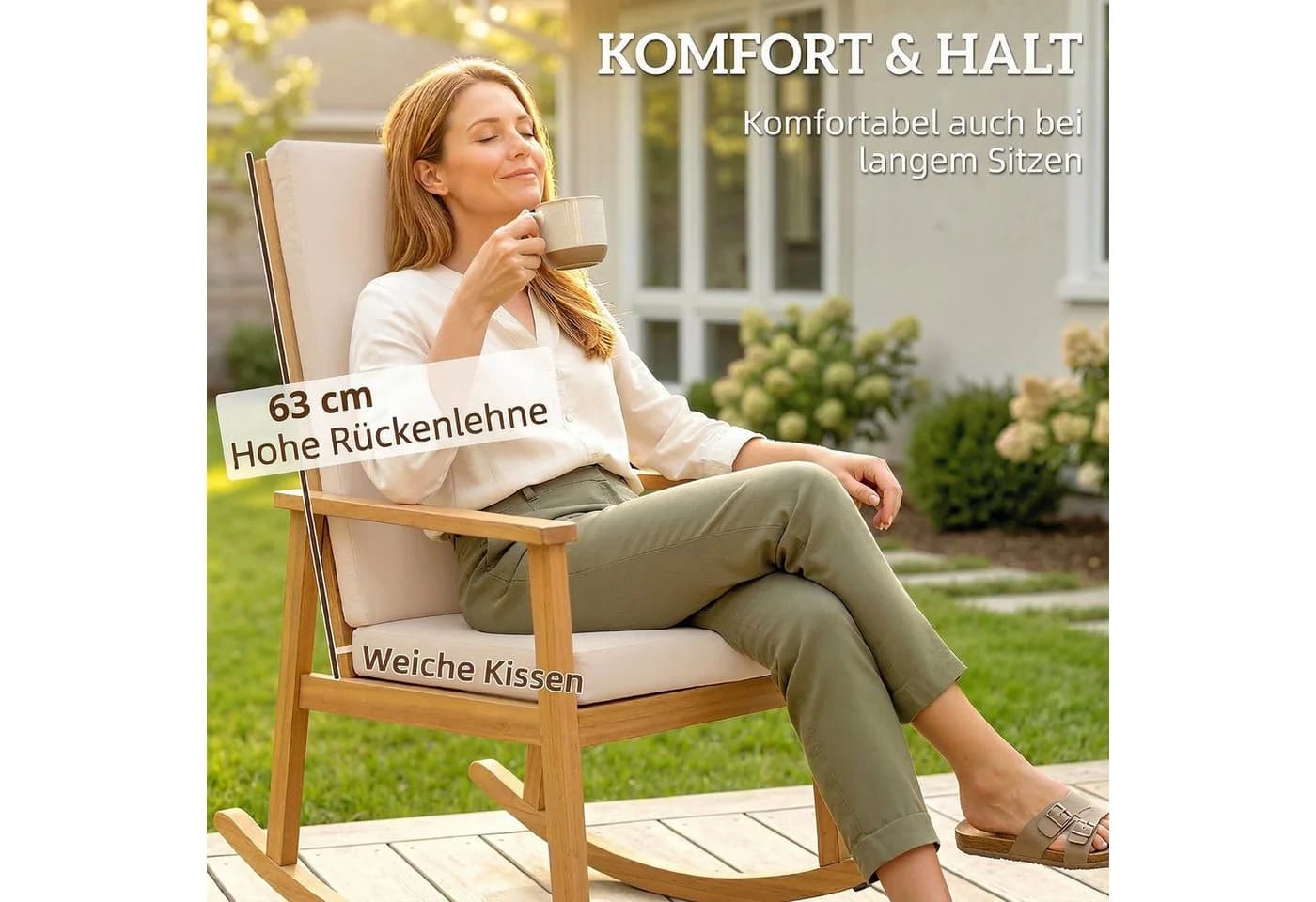 Outsunny Schaukelstuhl mit hoher Rückenlehne und Kissen Beige - Bild 5