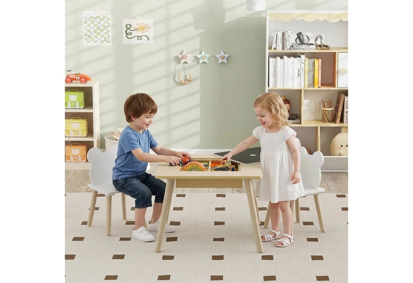 AIYAPPLAY Kindersitzgruppe 3-tlg. Naturholz mit Stauraum - Bild 2