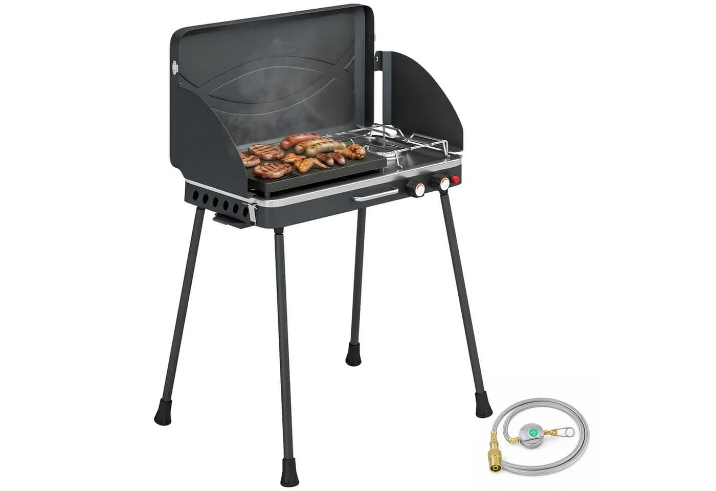 Outsunny Gasgrill 2-in-1 Schwarz 7 kW klappbar Campinggrill Tischgrill