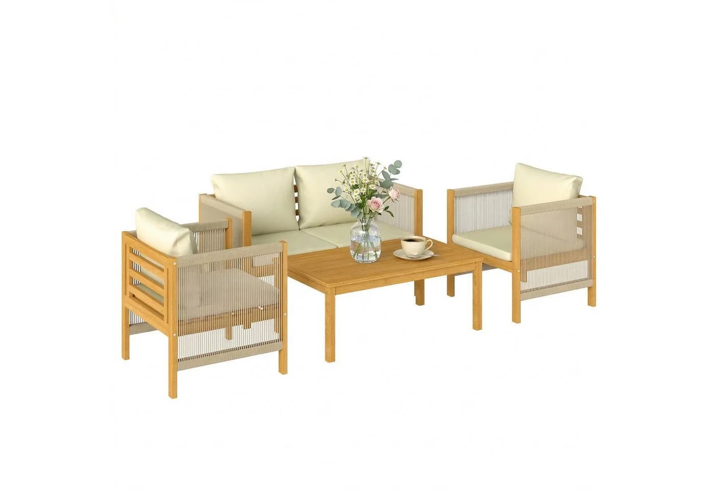 Outsunny Gartenlounge-Set 4-tlg. Beige Akazienholz mit Kissen