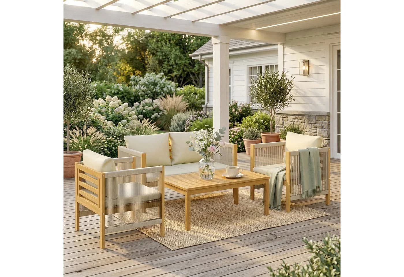 Outsunny Gartenlounge-Set 4-tlg. Beige Akazienholz mit Kissen - Bild 2