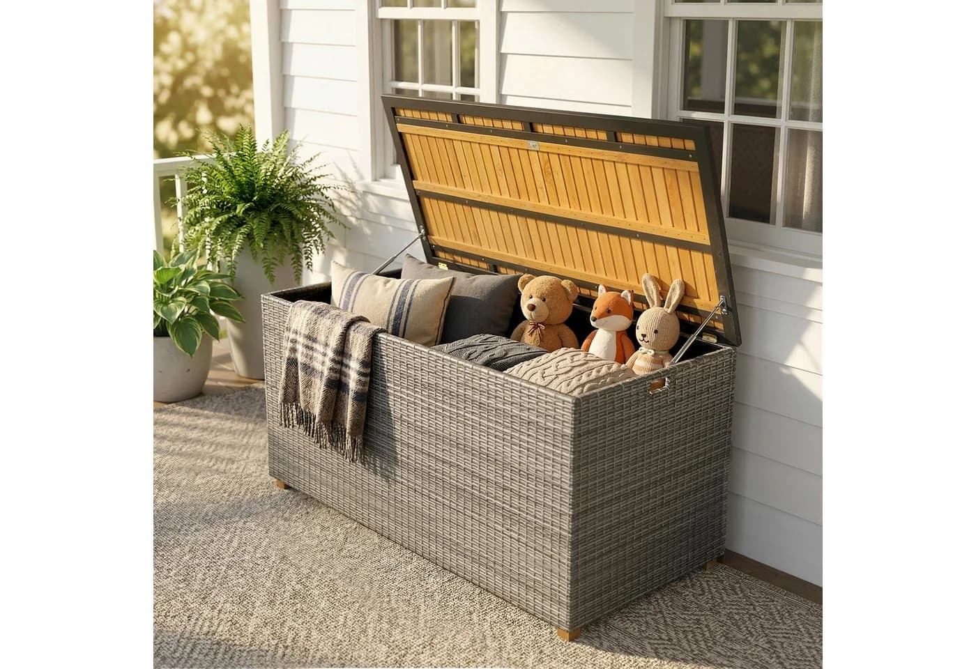 Outsunny Gartenbox mit Akazienholz-Deckel und PE-Rattan Dunkelgrau - Bild 2
