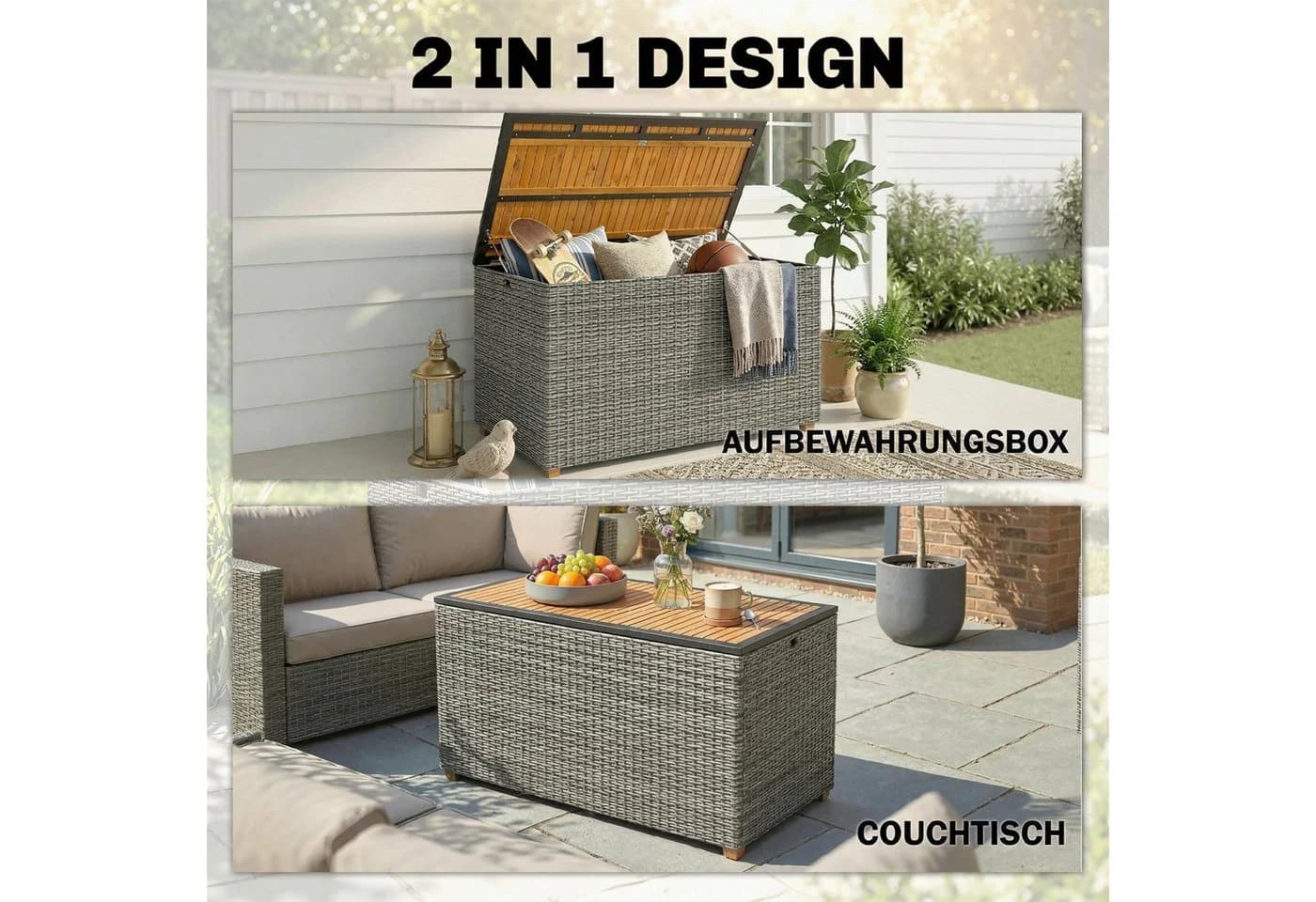 Outsunny Gartenbox mit Akazienholz-Deckel und PE-Rattan Dunkelgrau - Bild 4