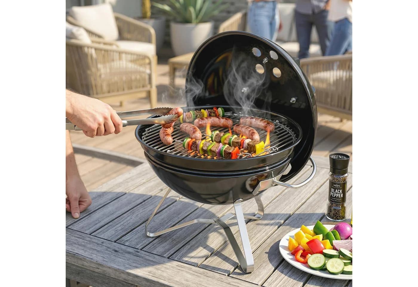 Outsunny Tragbarer Holzkohlegrill Schwarz mit Deckelgriff - Bild 2