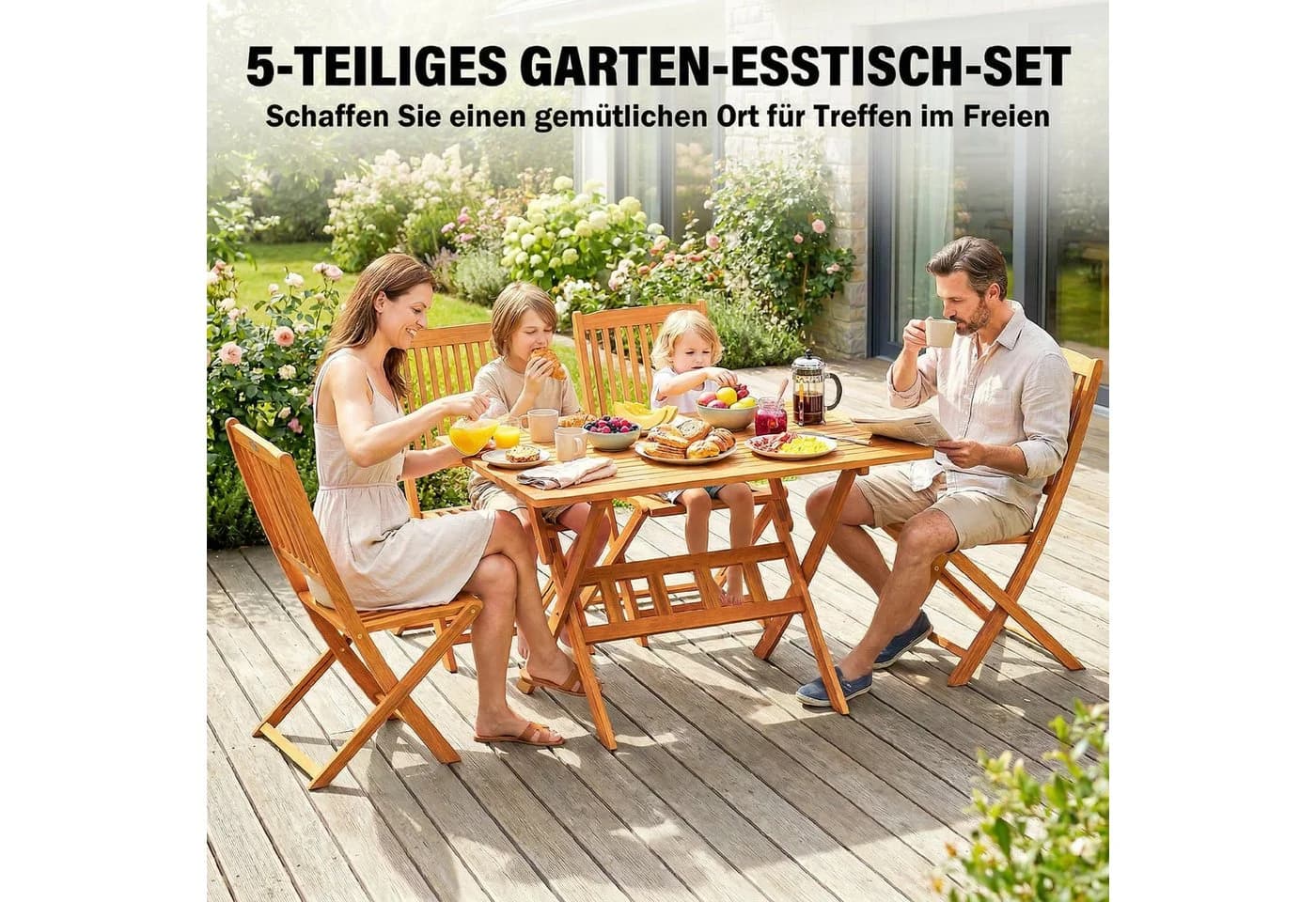 Outsunny Garten-Essgruppe 5-tlg. Akazienholz Klappbar Beige - Bild 4