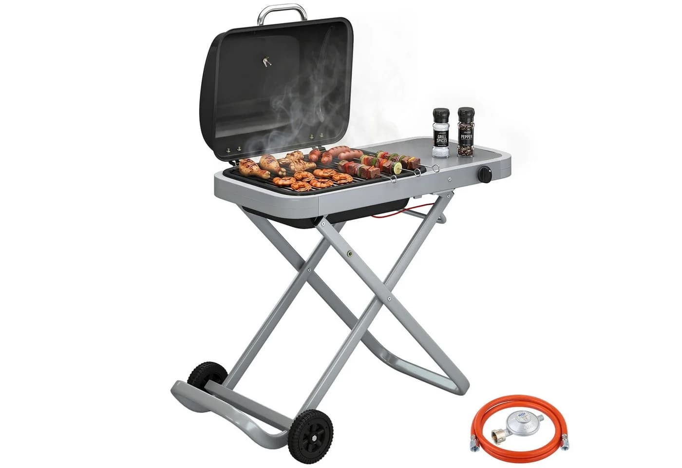Outsunny Gasgrill mit Faltbarem Rollwagen Schwarz Silber