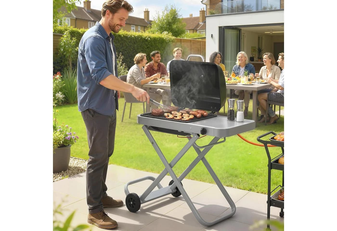 Outsunny Gasgrill mit Faltbarem Rollwagen Schwarz Silber - Bild 2