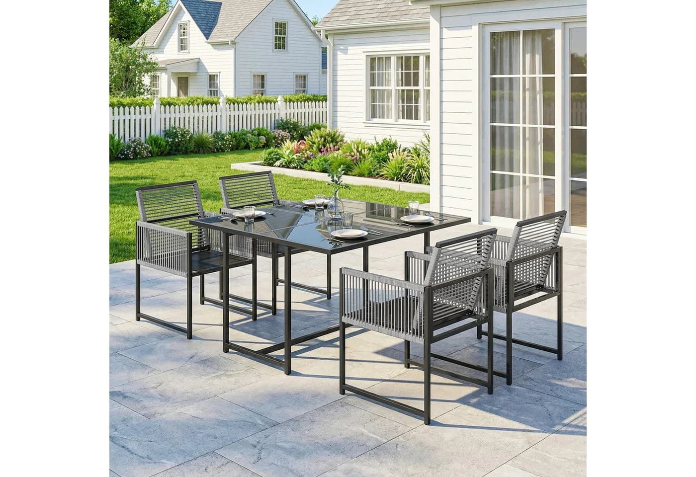 Outsunny Garten-Essgruppe 5-tlg. mit klappbaren Stühlen Hellgrau - Bild 2