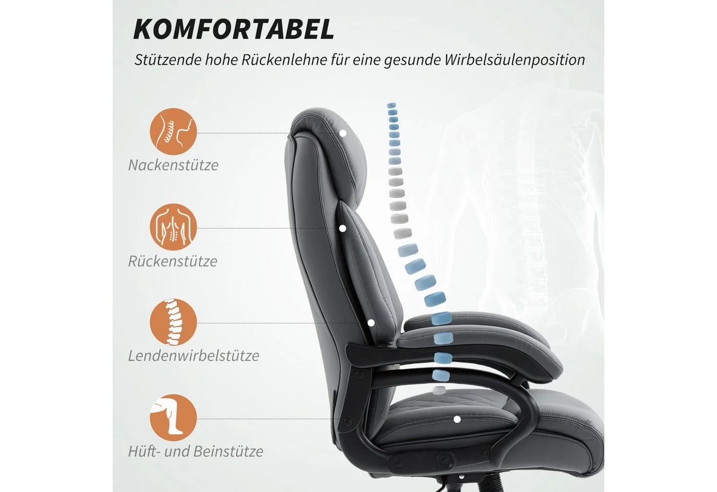 HOMCOM Bürostuhl Chefsessel PU-Leder grau Federpolsterung - Bild 4