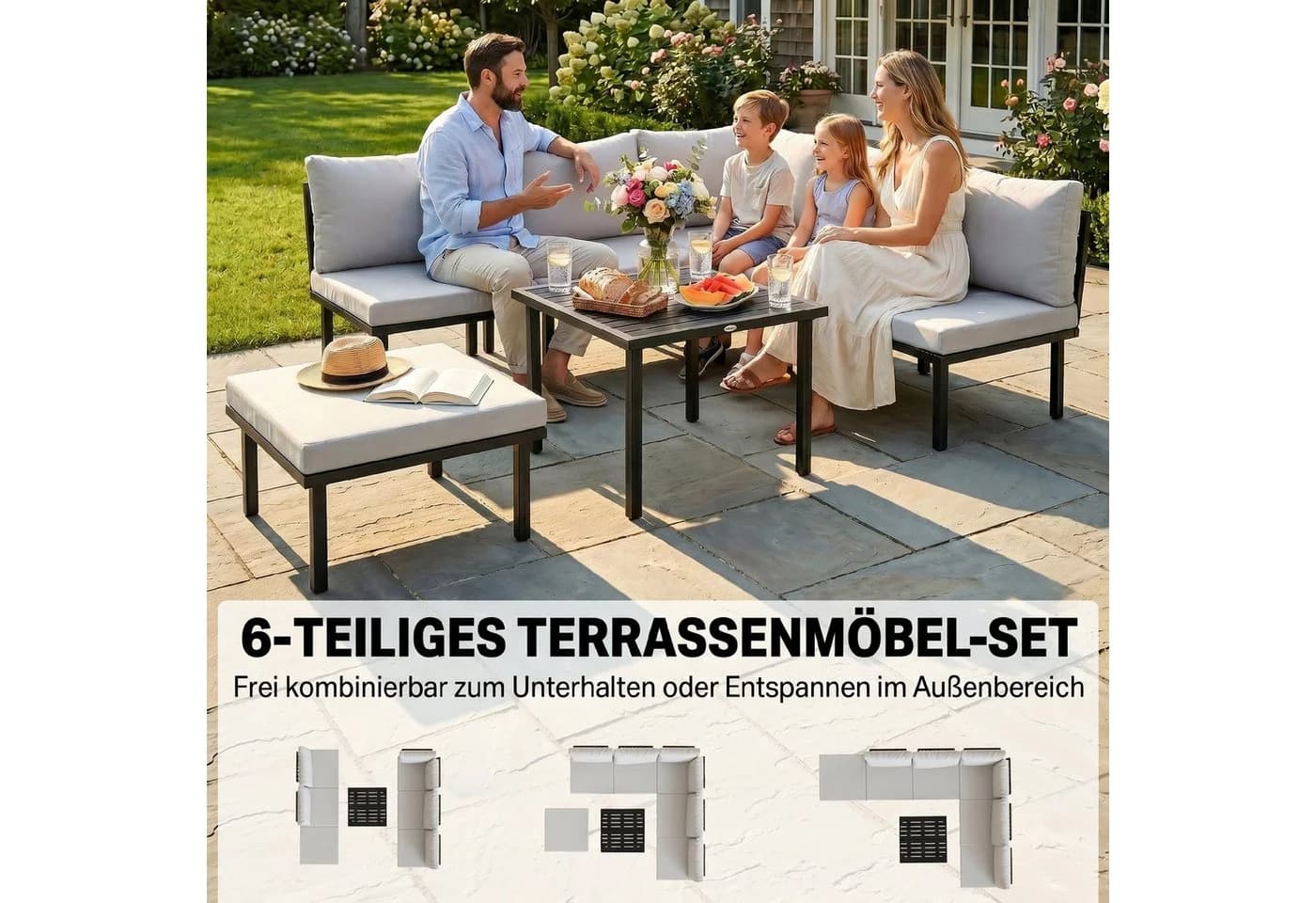 Outsunny Gartenlounge Set 6-tlg. mit Zweisitzer, Stühlen & Tisch Hellgrau - Bild 4