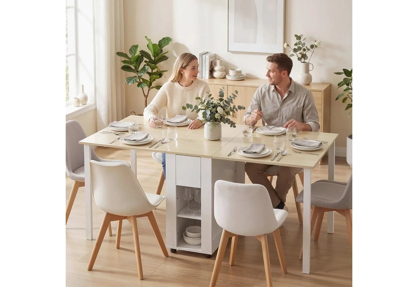 HOMCOM Klapptisch Esstisch mit Schubladen weiß Naturholz - Bild 2