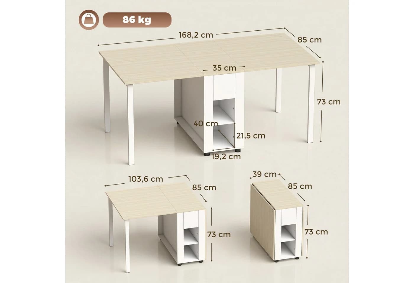 HOMCOM Klapptisch Esstisch mit Schubladen weiß Naturholz - Bild 3