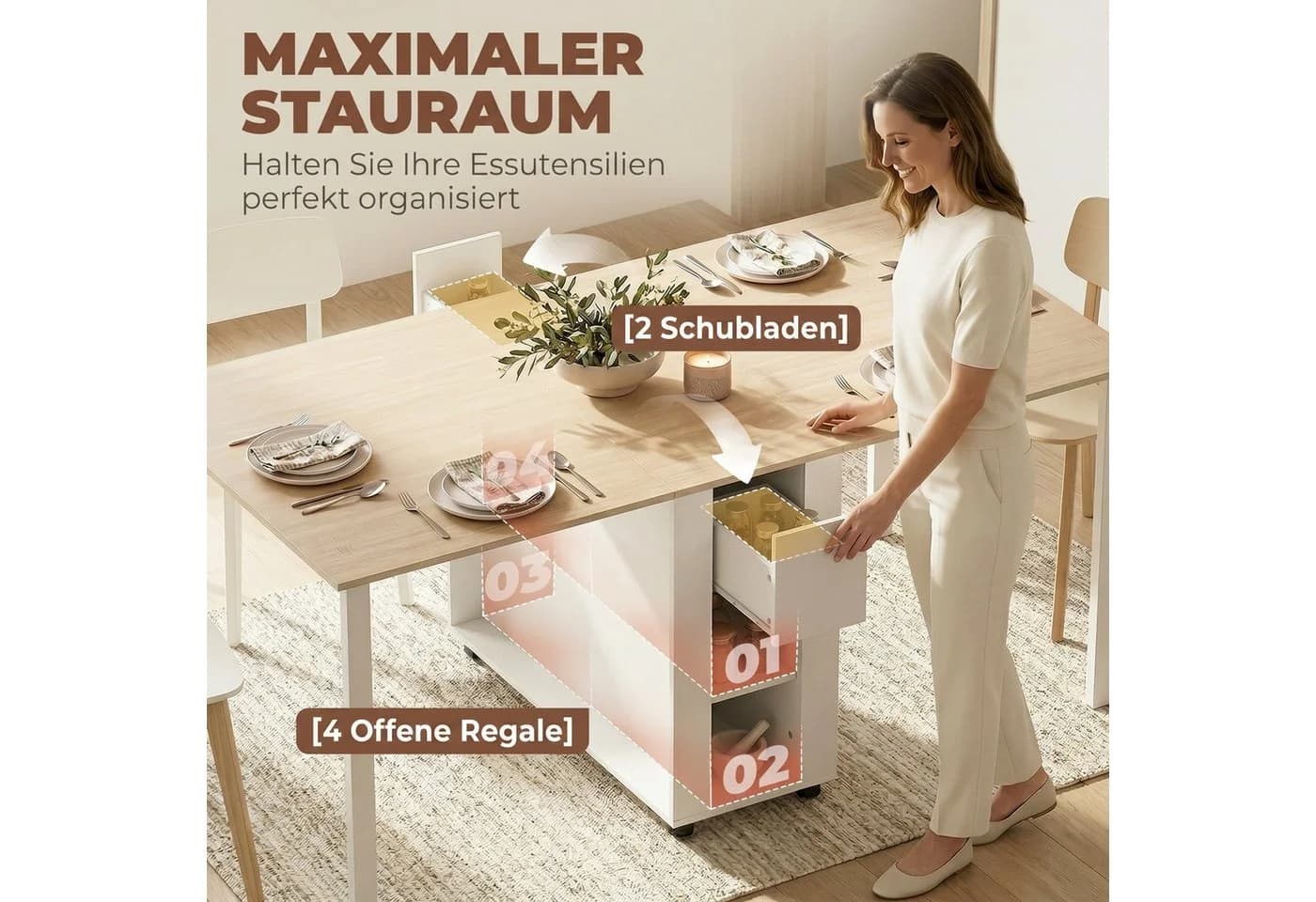 HOMCOM Klapptisch Esstisch mit Schubladen weiß Naturholz - Bild 4