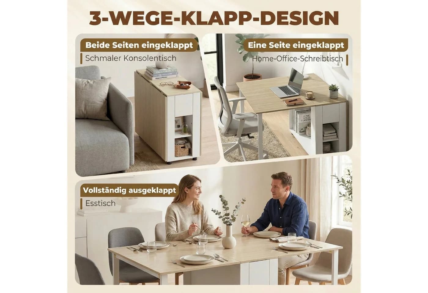 HOMCOM Klapptisch Esstisch mit Schubladen weiß Naturholz - Bild 5