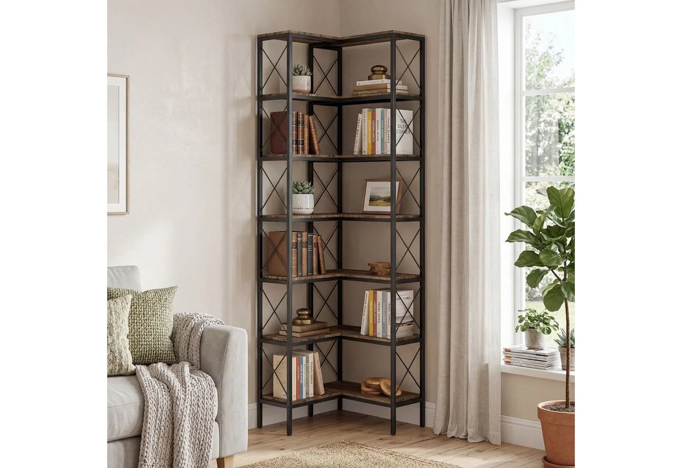 HOMCOM Bücherregal Eckregal 6 Ebenen Industrial Rustikal-Braun - Bild 2