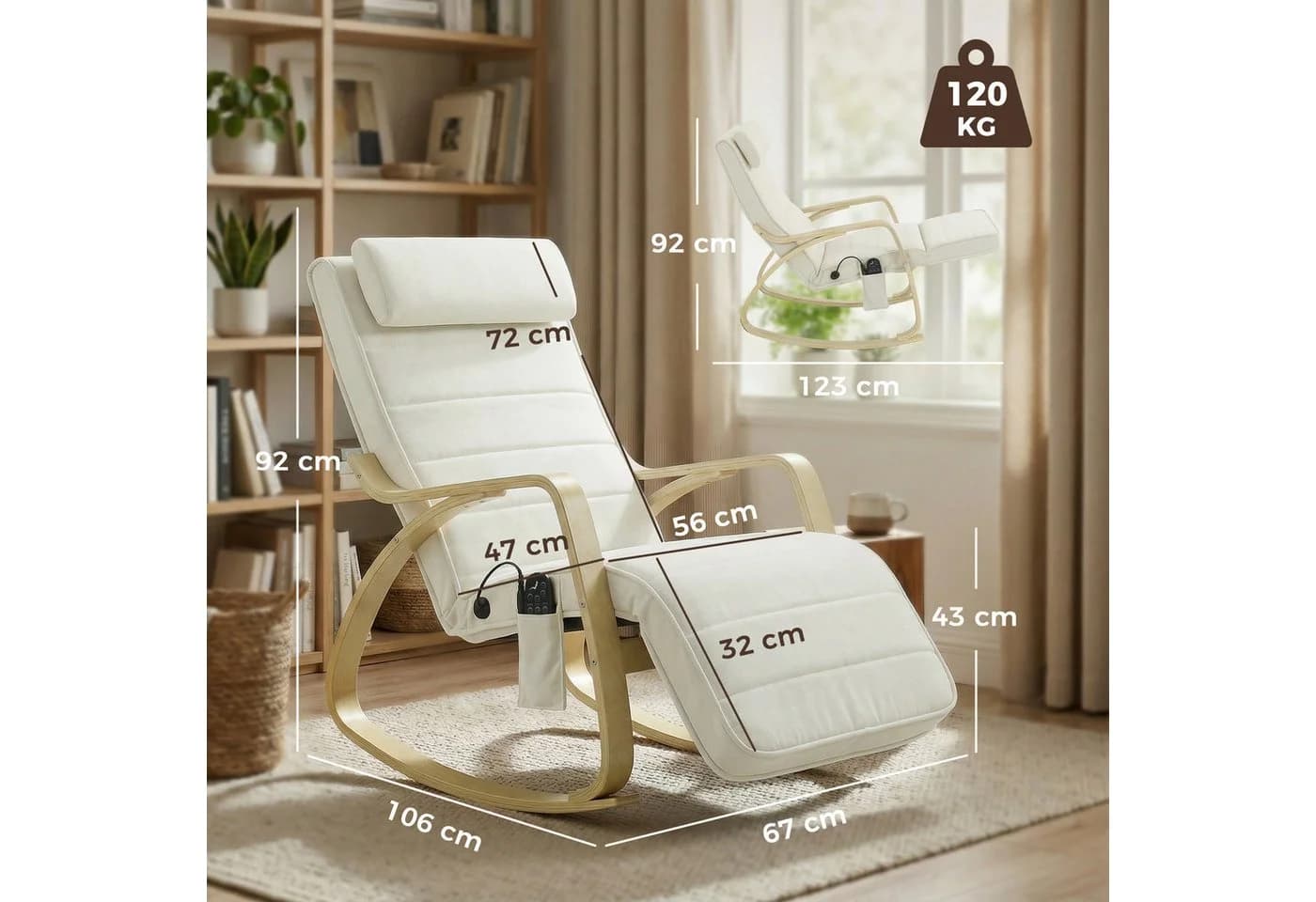 HOMCOM Schaukelstuhl mit Massagefunktion und Heizung, Cremeweiß - Bild 3