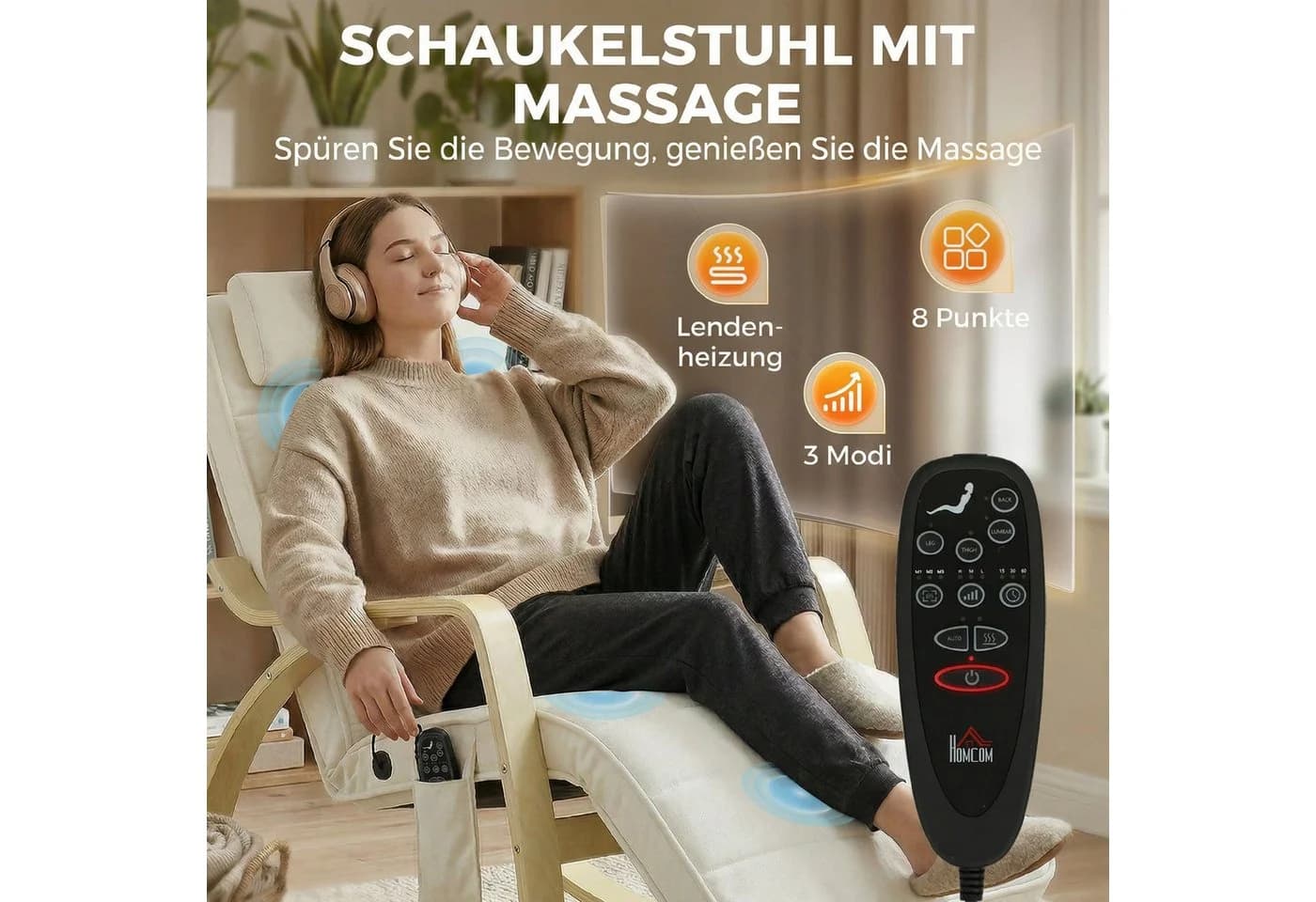 HOMCOM Schaukelstuhl mit Massagefunktion und Heizung, Cremeweiß - Bild 4