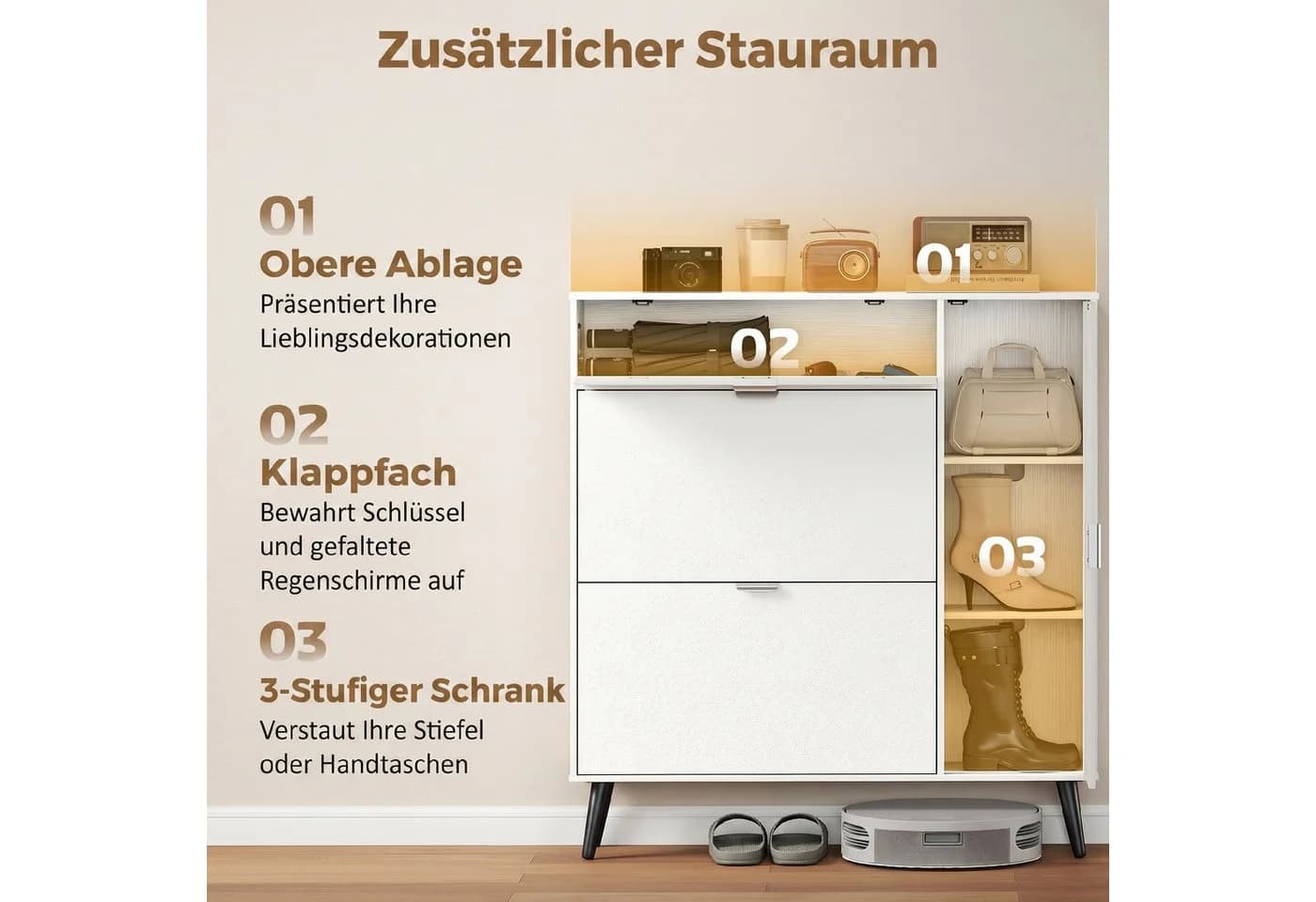 HOMCOM Schuhkipper mit Lederoptik und Soft-Close-Türen Weiß - Bild 4
