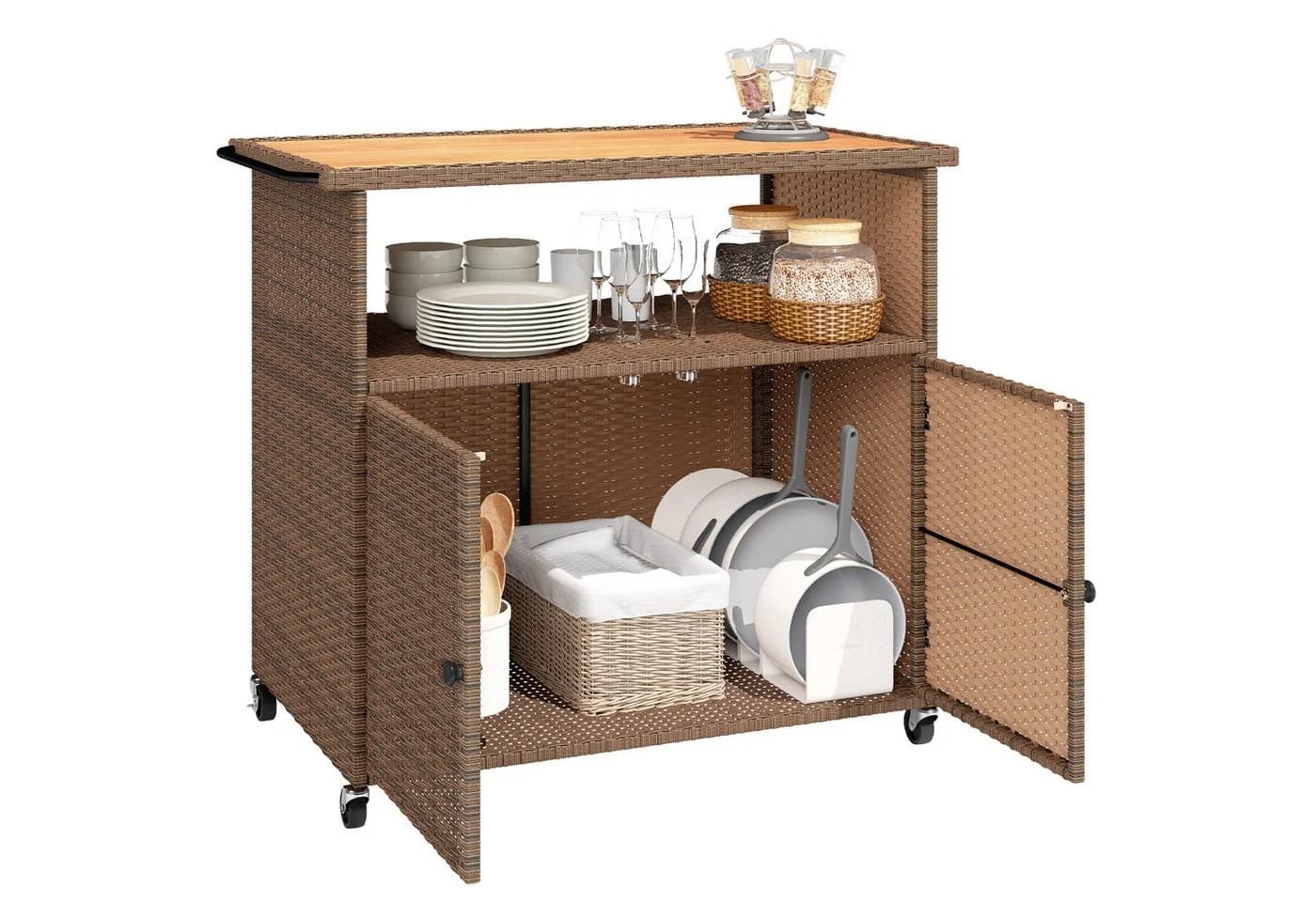 Outsunny Servierwagen mit Eukalyptusholz-Arbeitsplatte und PE-Rattan