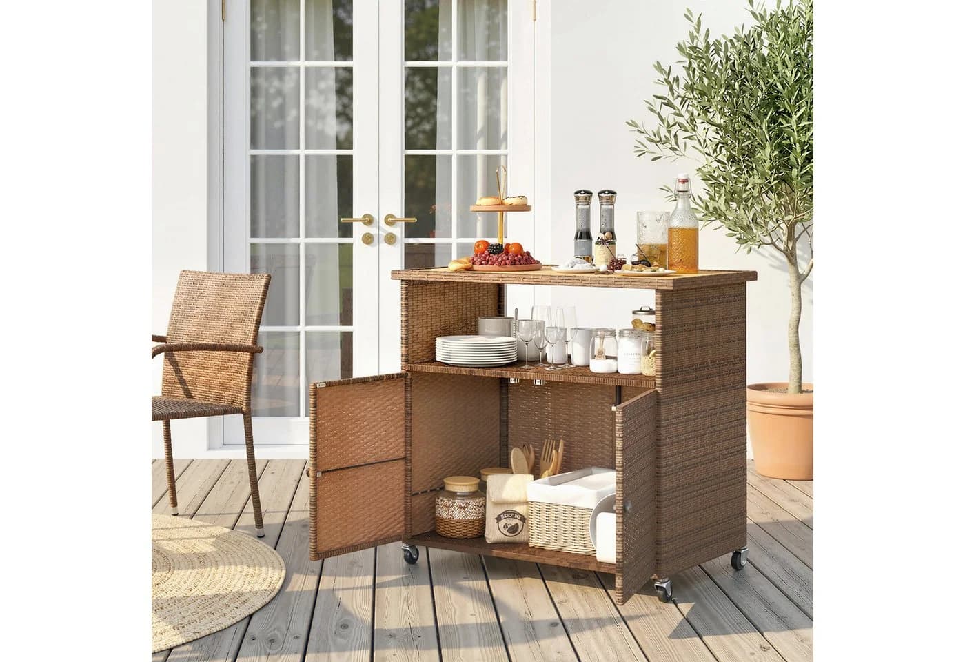 Outsunny Servierwagen mit Eukalyptusholz-Arbeitsplatte und PE-Rattan - Bild 2