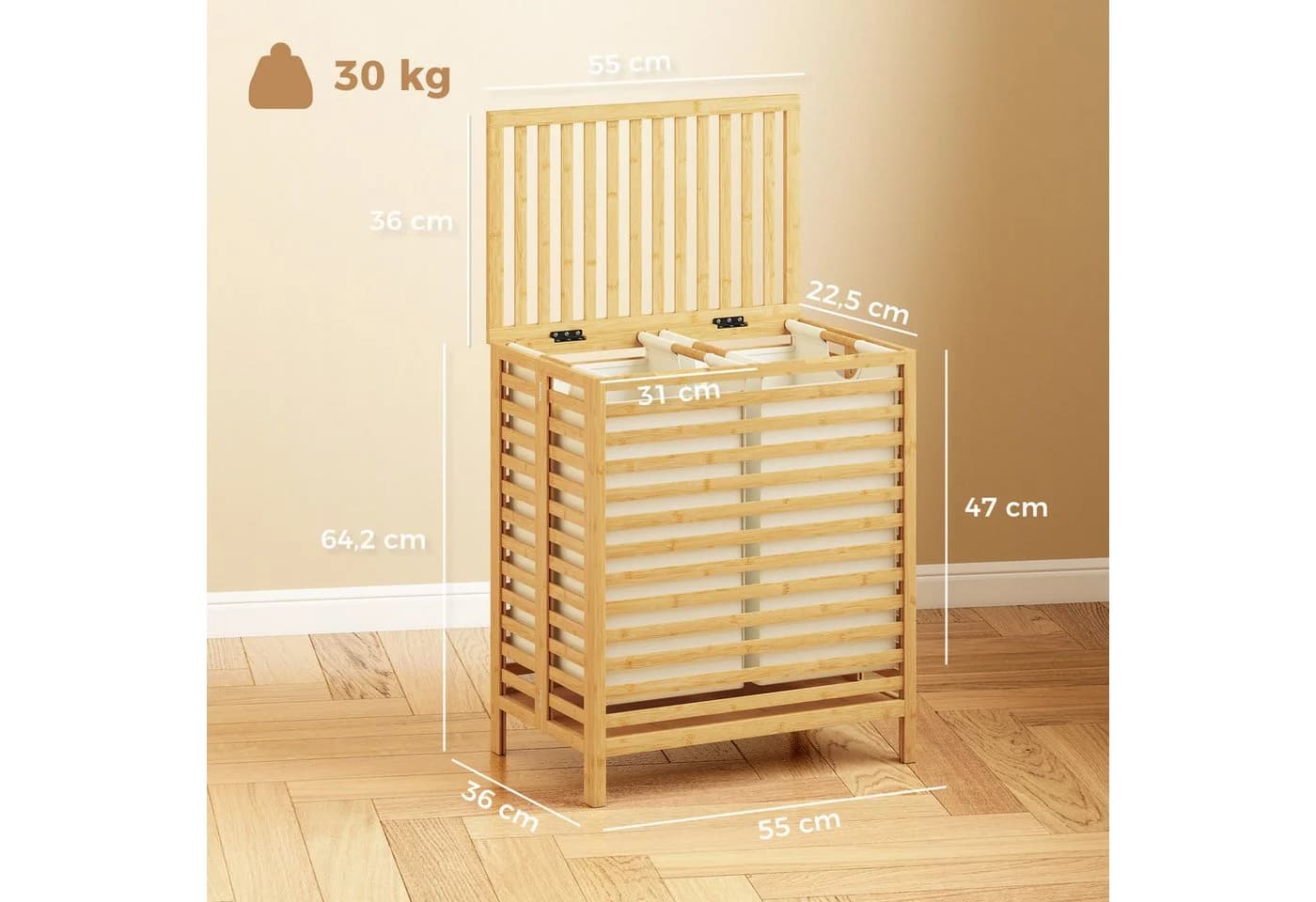 HOMCOM Wäschekorb Doppelkorb Bambus Beige/Weiß 64L - Bild 3