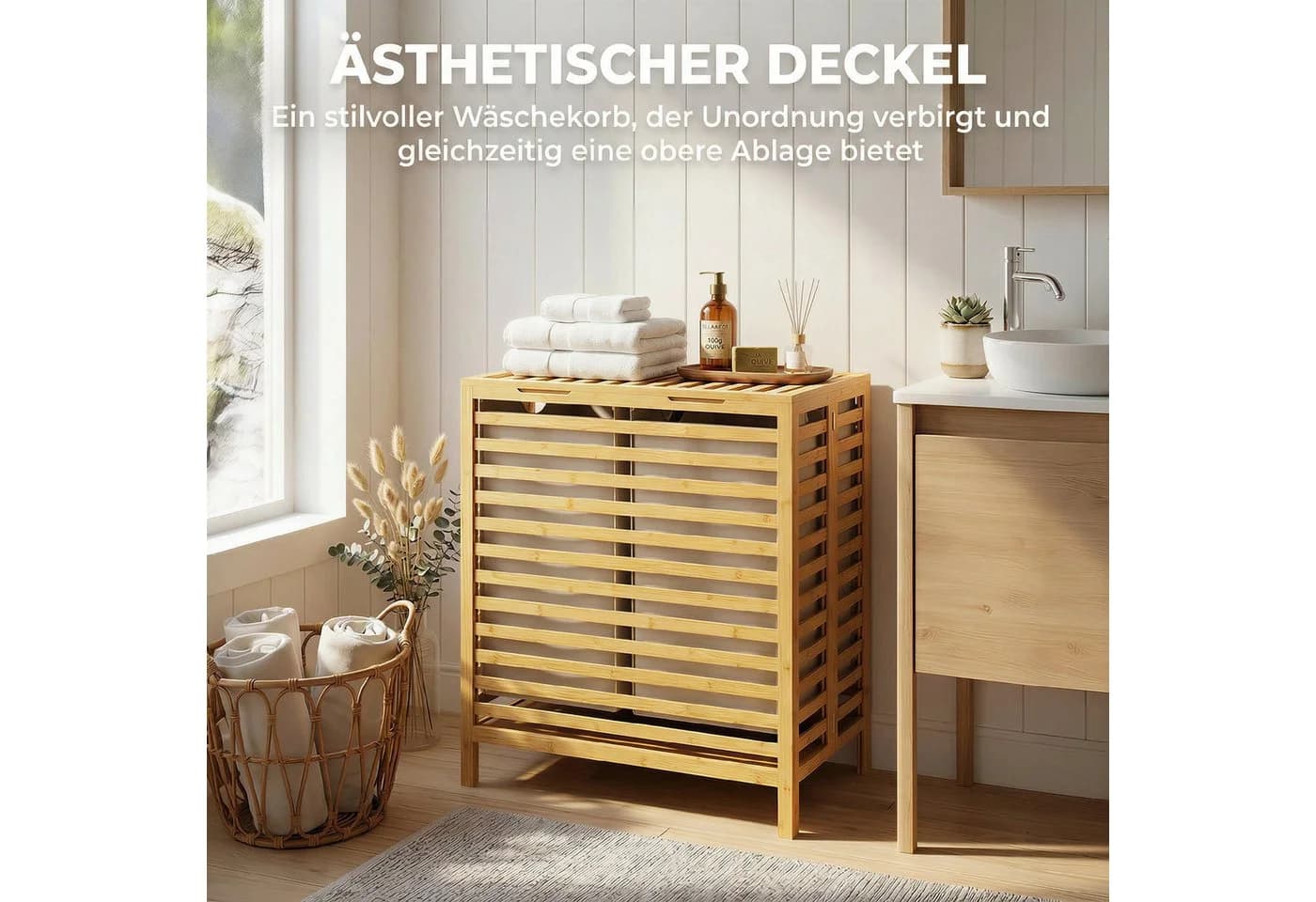 HOMCOM Wäschekorb Doppelkorb Bambus Beige/Weiß 64L - Bild 5
