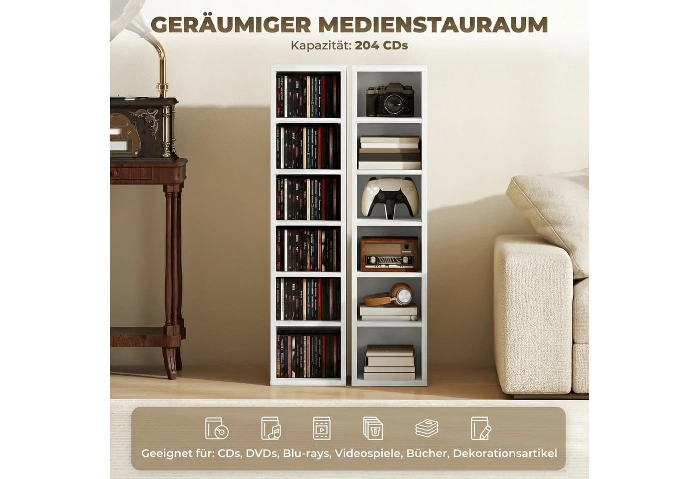 HOMCOM CD-Regal 2-tlg. Weiß mit Kippschutz und verstellbaren Böden - Bild 4
