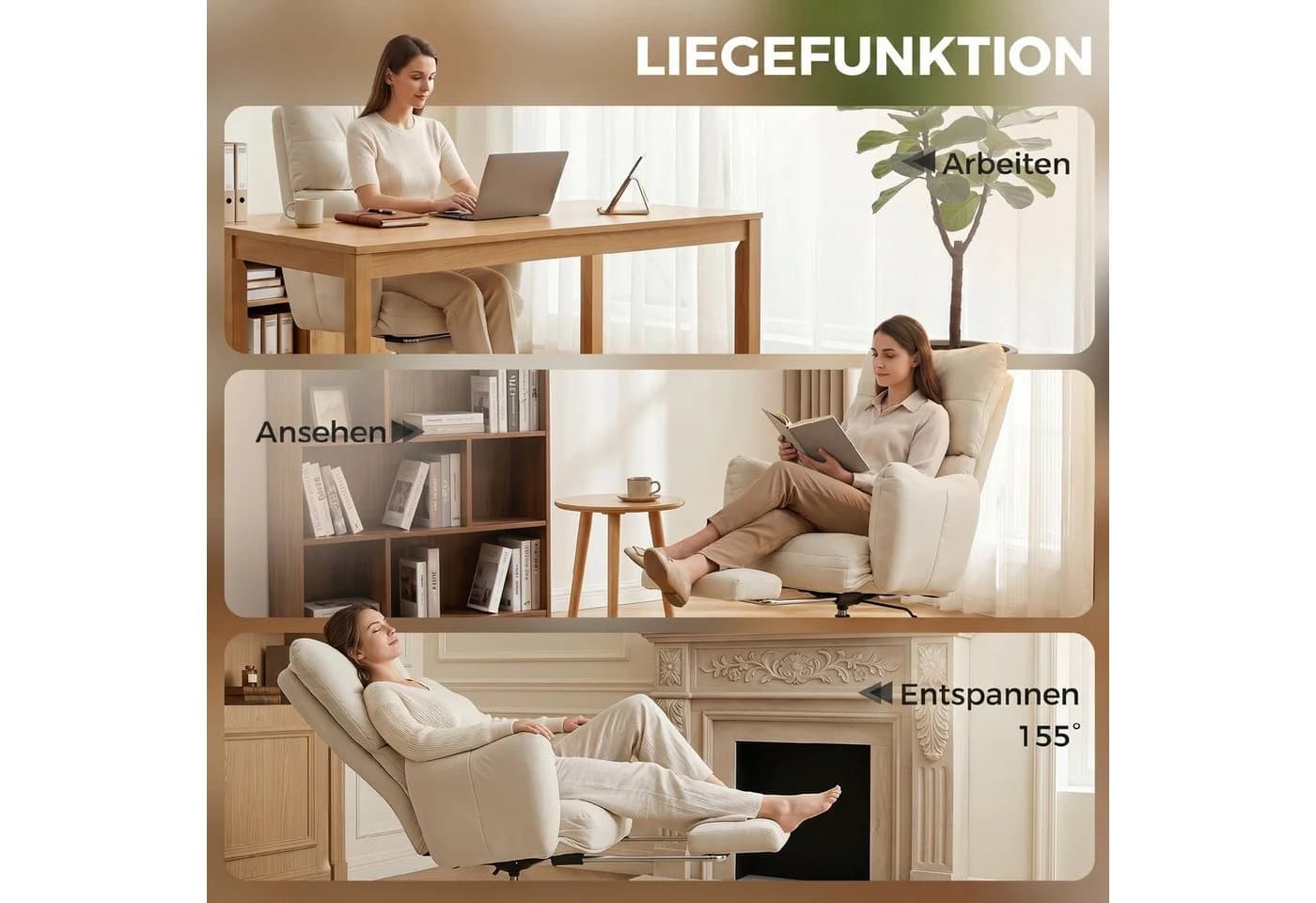 HOMCOM Schreibtischstuhl Schneeflanellstoff Cremeweiß Wippfunktion - Bild 5