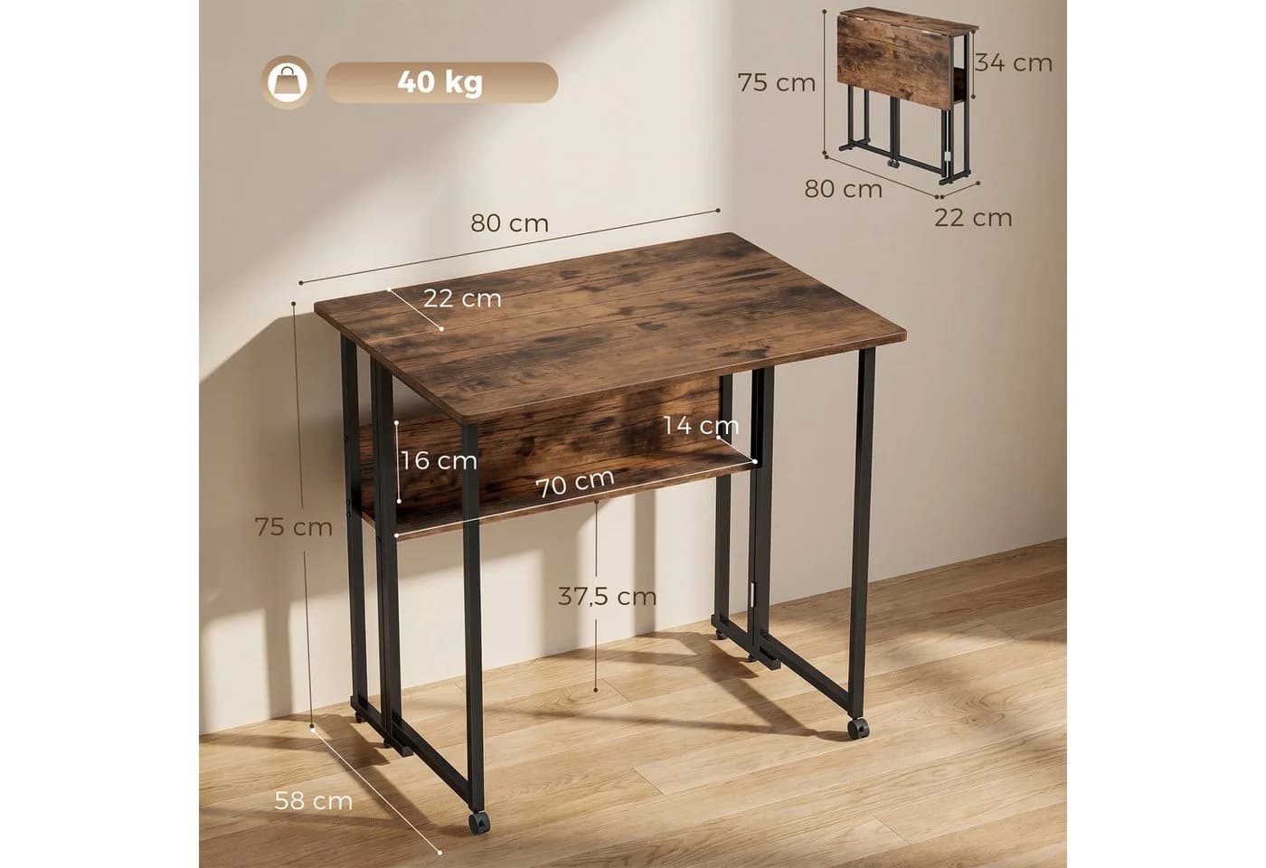 HOMCOM Klappbarer Schreibtisch Rustikal-Braun Schwarz mit Ablagefach - Bild 3