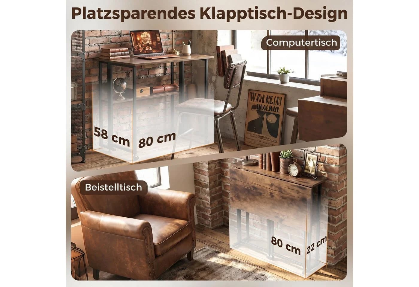 HOMCOM Klappbarer Schreibtisch Rustikal-Braun Schwarz mit Ablagefach - Bild 4