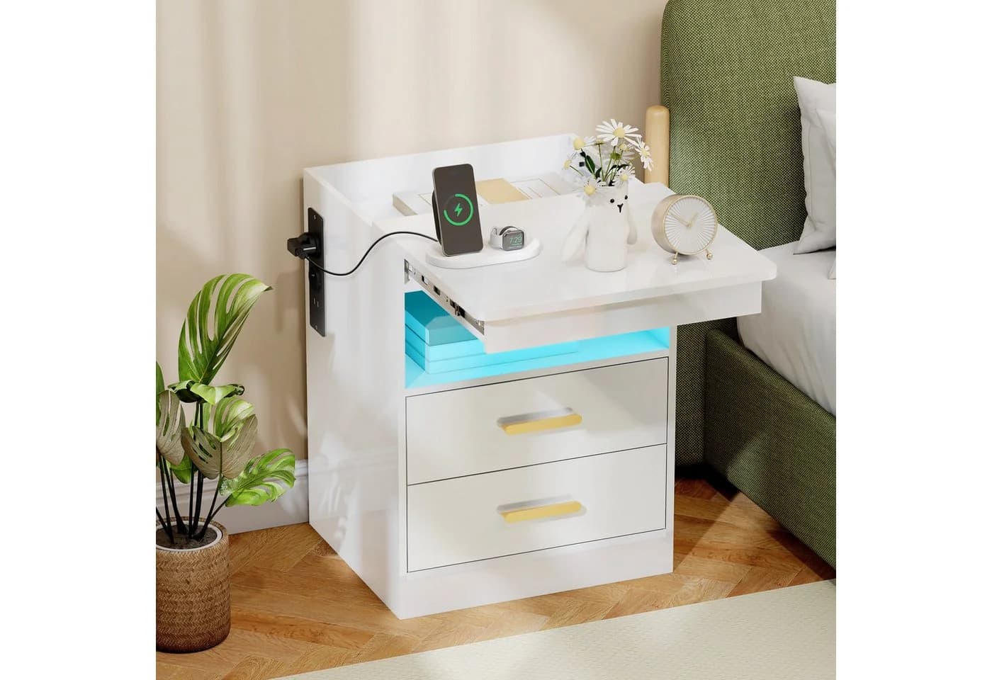 HOMCOM Nachttisch Beistelltisch mit LED-Beleuchtung und Ladestation - Bild 2