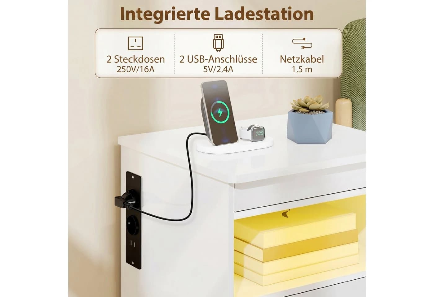 HOMCOM Nachttisch Beistelltisch mit LED-Beleuchtung und Ladestation - Bild 4