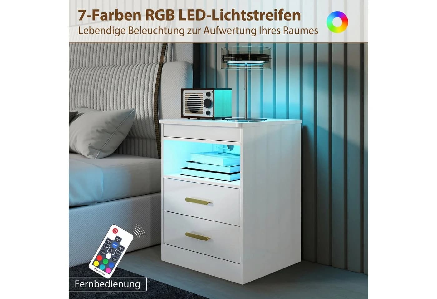 HOMCOM Nachttisch Beistelltisch mit LED-Beleuchtung und Ladestation - Bild 5