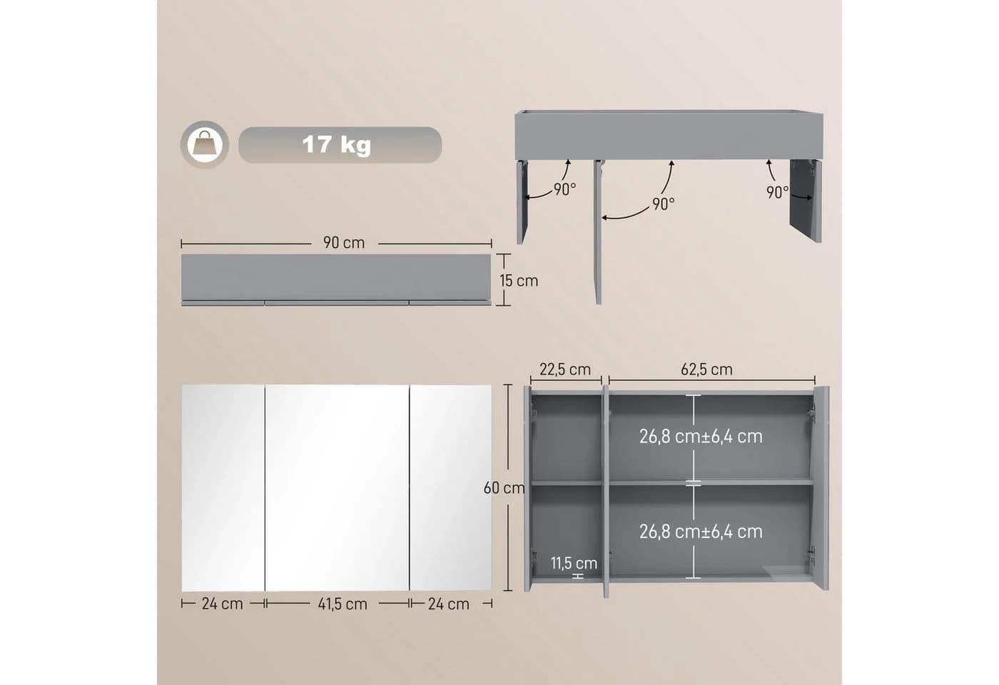 Kleankin Spiegelschrank Grau mit Verstellbaren Regalen - Bild 3