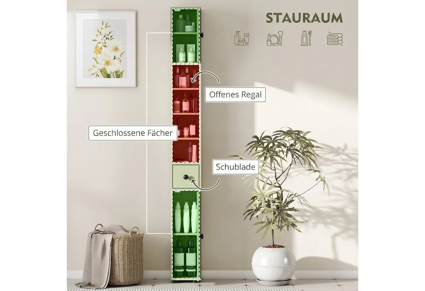 Kleankin Badhochschrank Grün mit Schublade & Verstellbaren Regalen - Bild 4