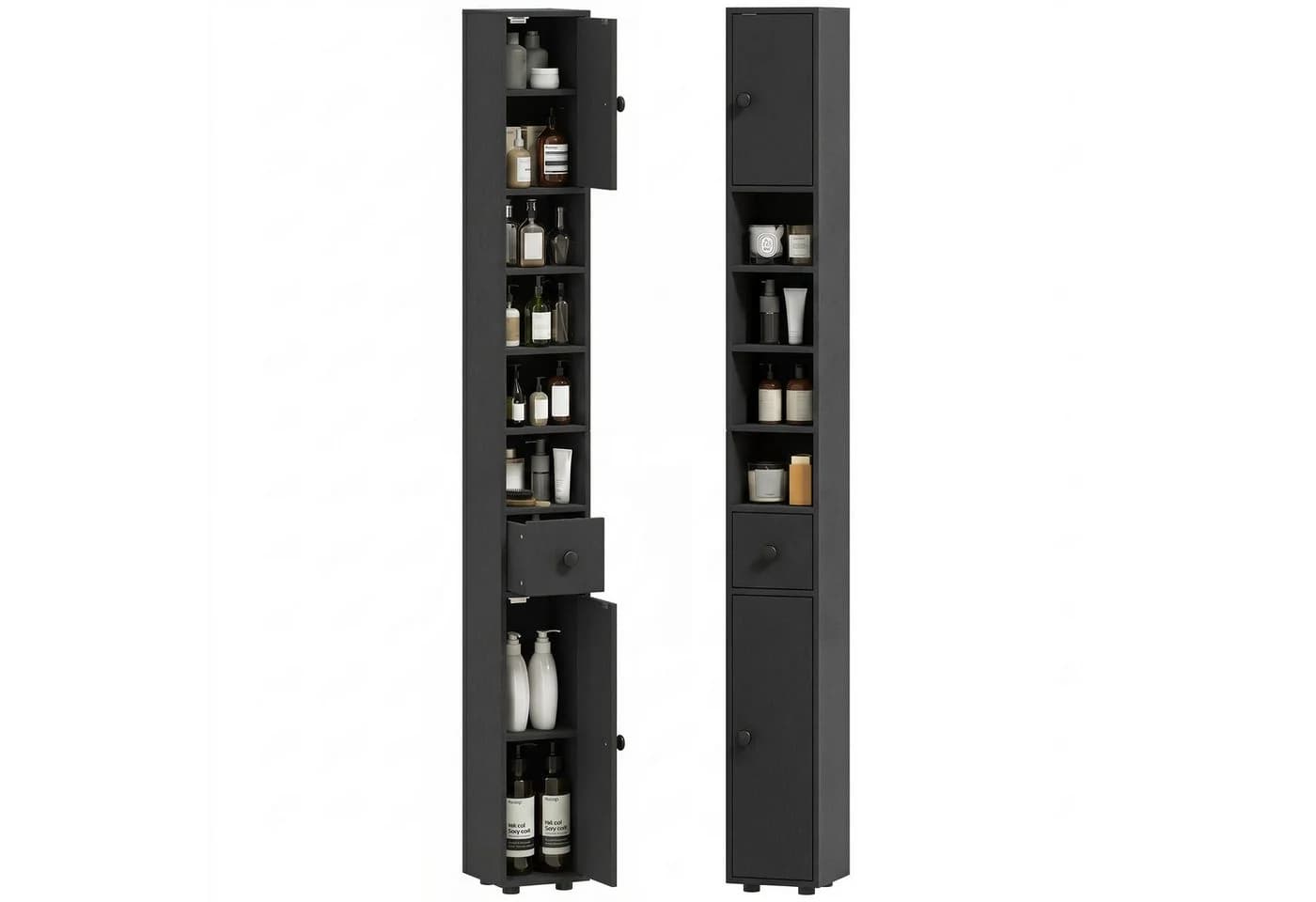 Kleankin Badkommode Hochschrank Schwarz mit Schublade & verstellbaren Regalen