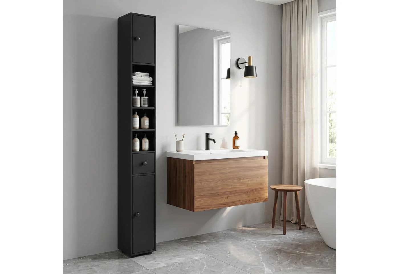 Kleankin Badkommode Hochschrank Schwarz mit Schublade & verstellbaren Regalen - Bild 2