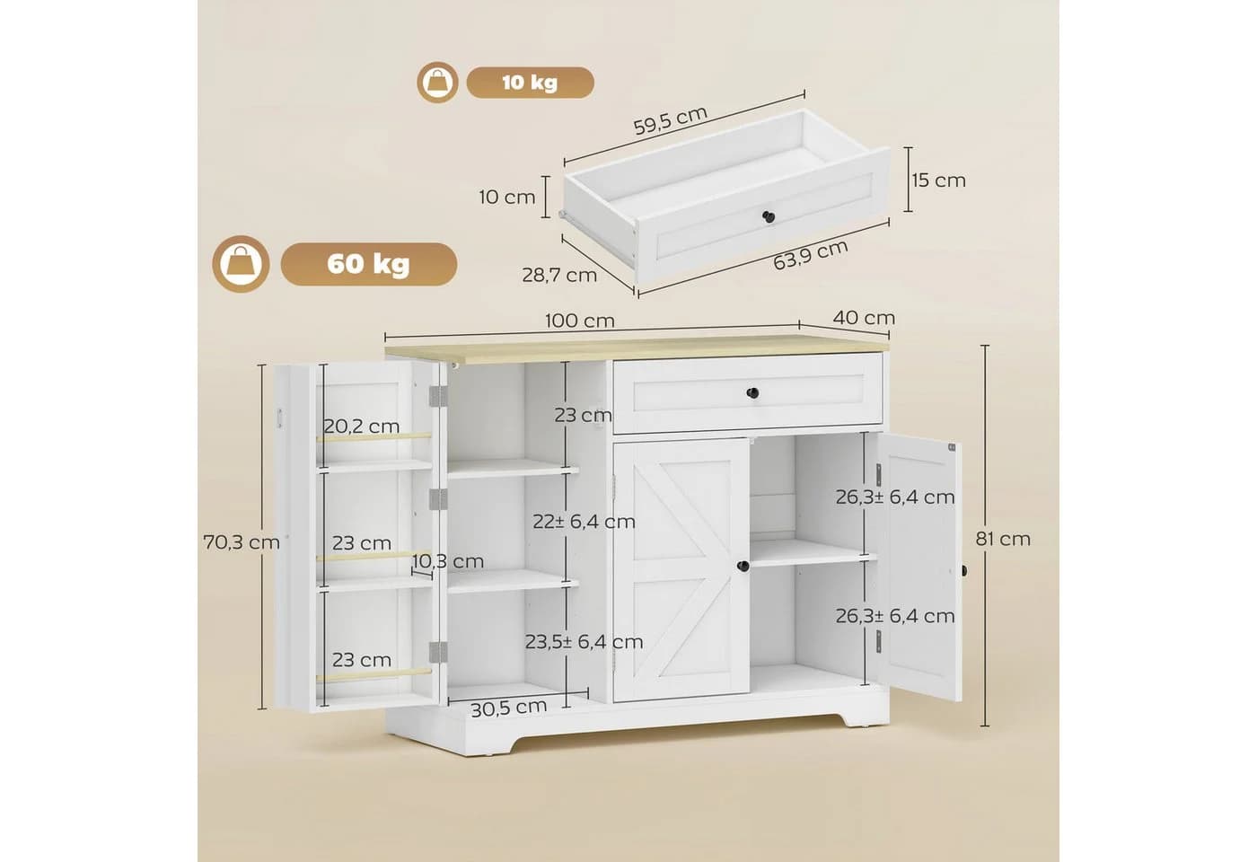 HOMCOM Sideboard Buffetschrank Weiß Landhausstil - Bild 3