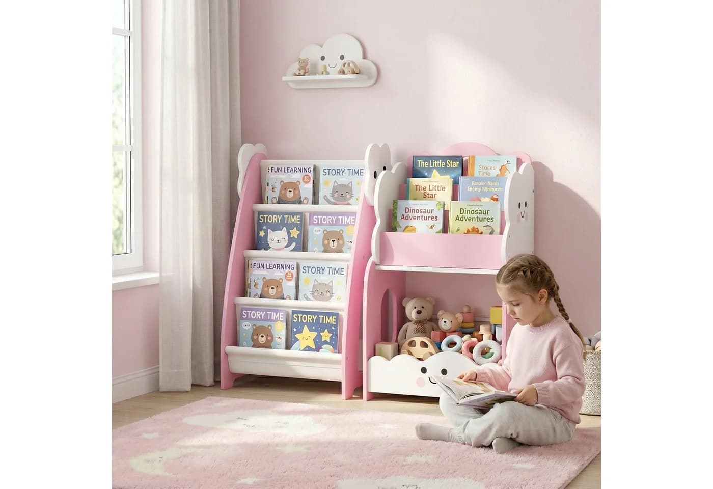 AIYAPLAY Kinderregal Set 3-tlg. Rosa Weiß mit Nachttisch