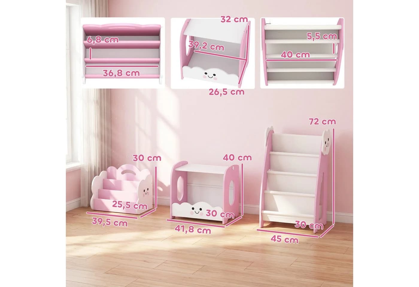 AIYAPLAY Kinderregal Set 3-tlg. Rosa Weiß mit Nachttisch - Bild 3