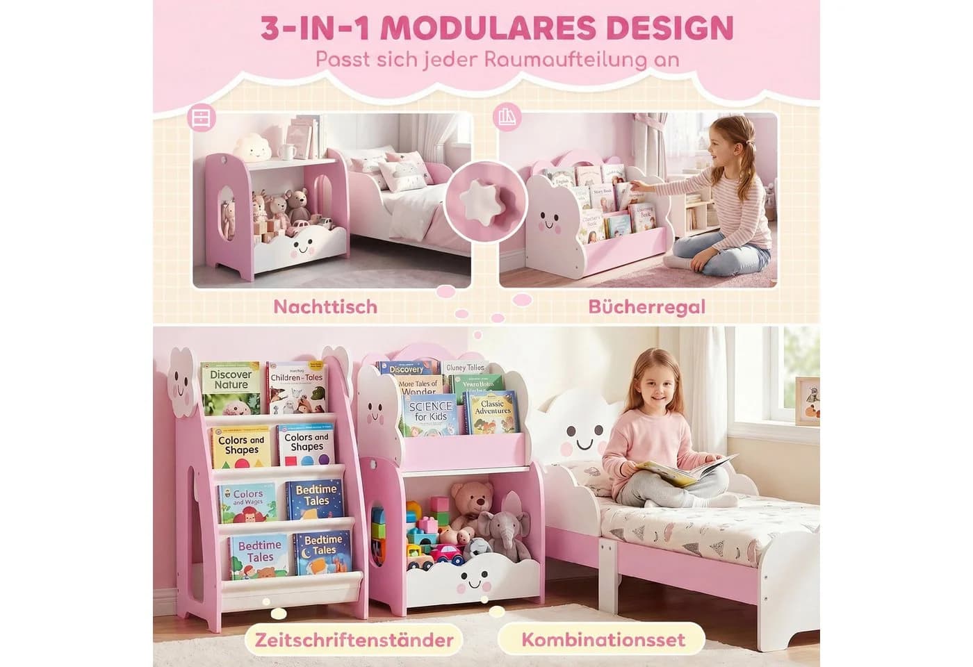 AIYAPLAY Kinderregal Set 3-tlg. Rosa Weiß mit Nachttisch - Bild 4